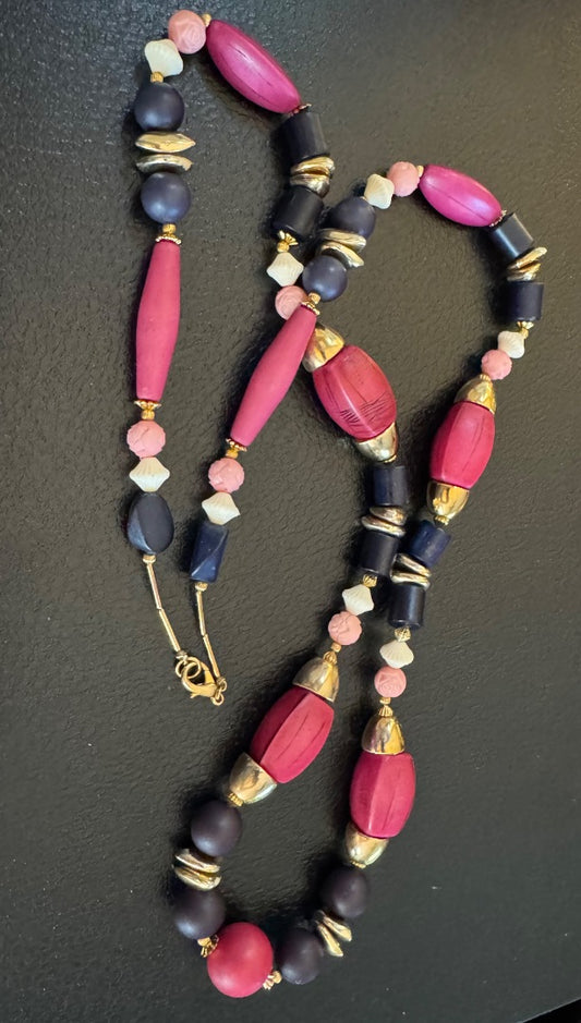 Long maroon pink white blue necklace
