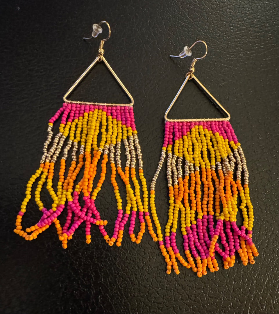 Dark pink yellow orange seedbead dangle earrings