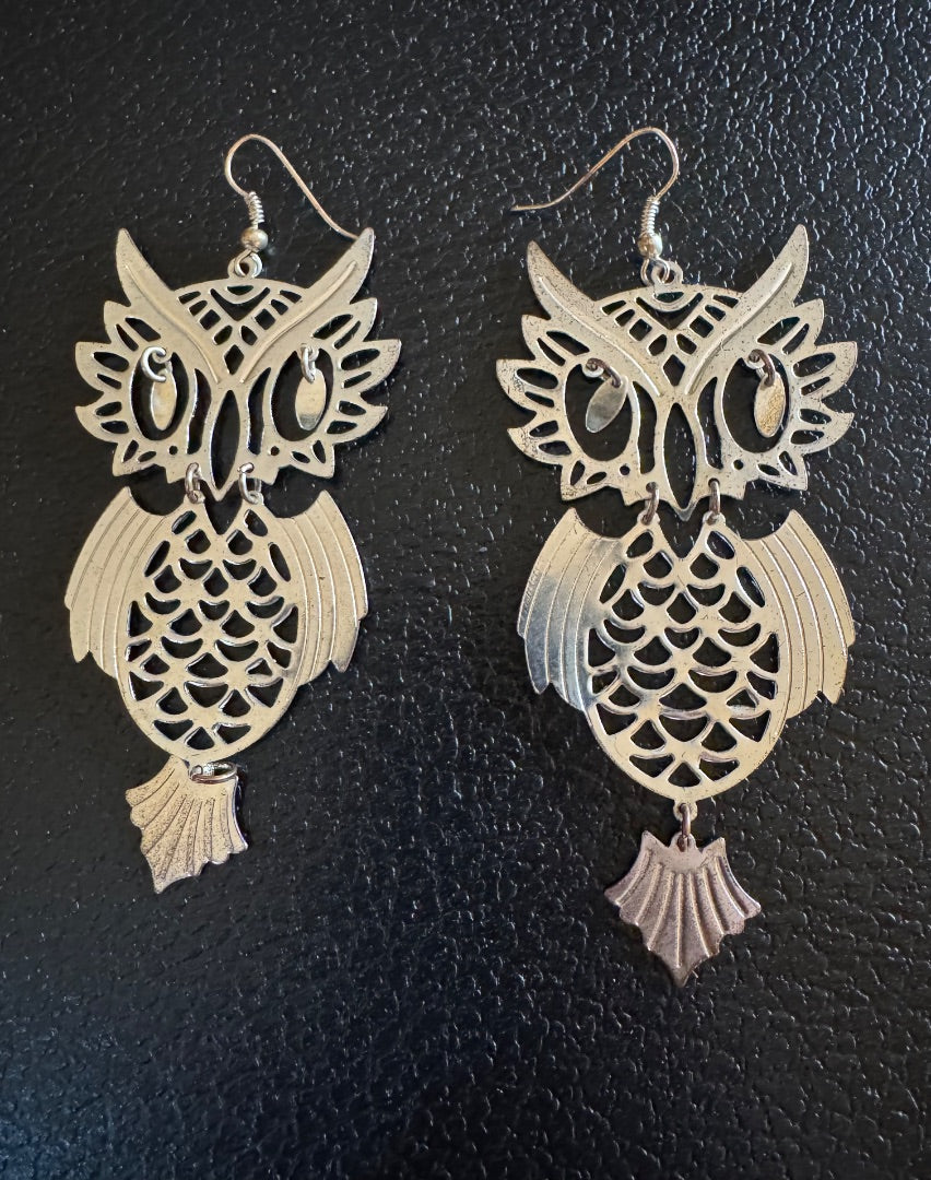 Silvertone Large Owl dangle earrings