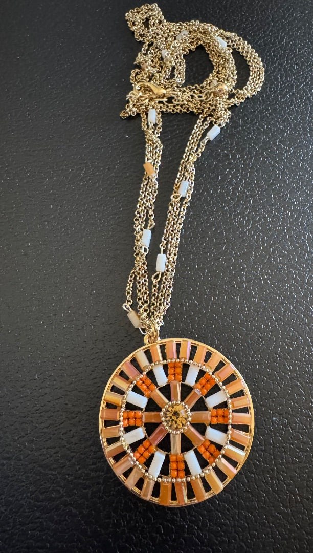 Long circlebead orangewhitecream gold tone necklace