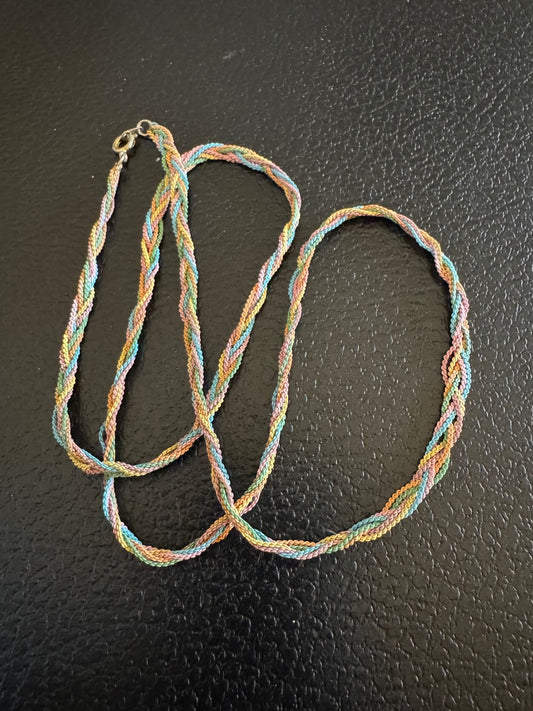 Turq Peach color braided chain necklace