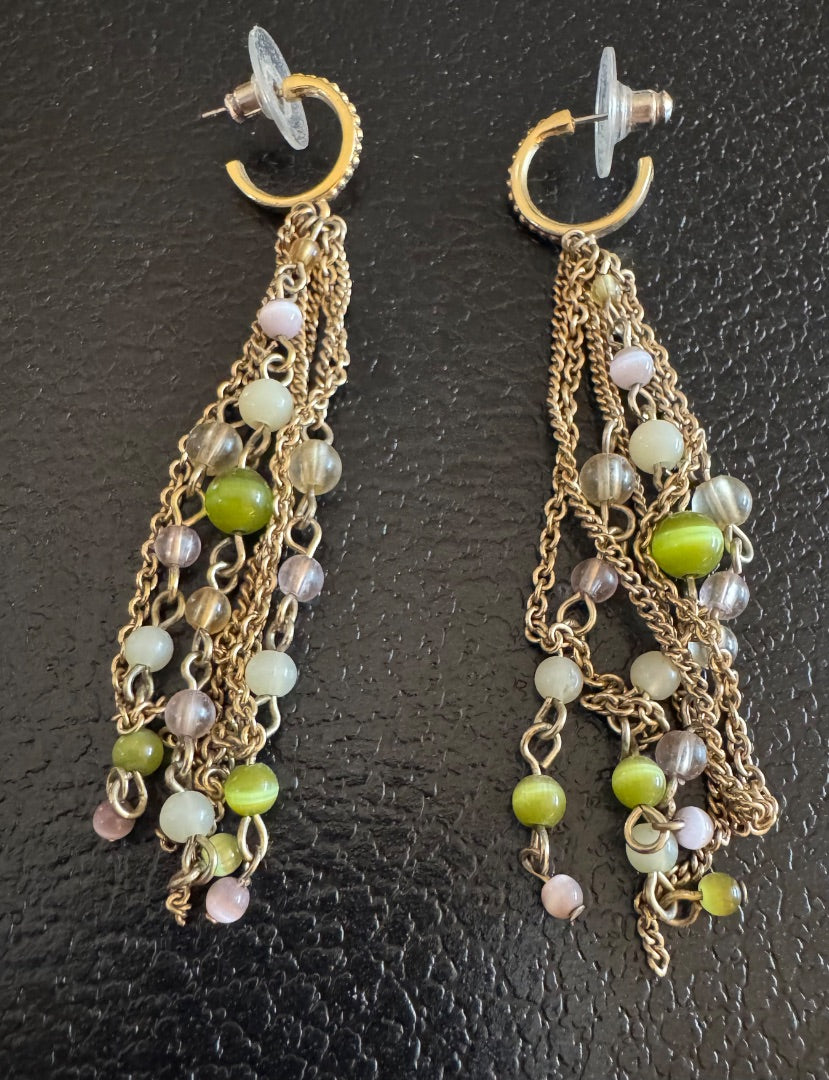 Long green goldtone dangle stud earrings