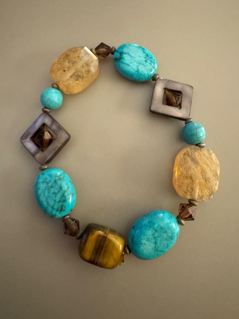 Turq faux ivory tiger eye square stretchy bracelet