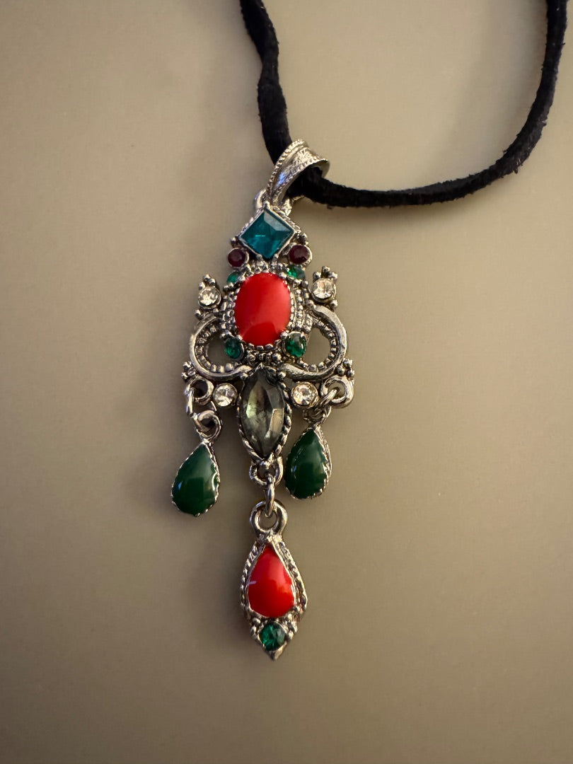 Red green blue silver tone necklace