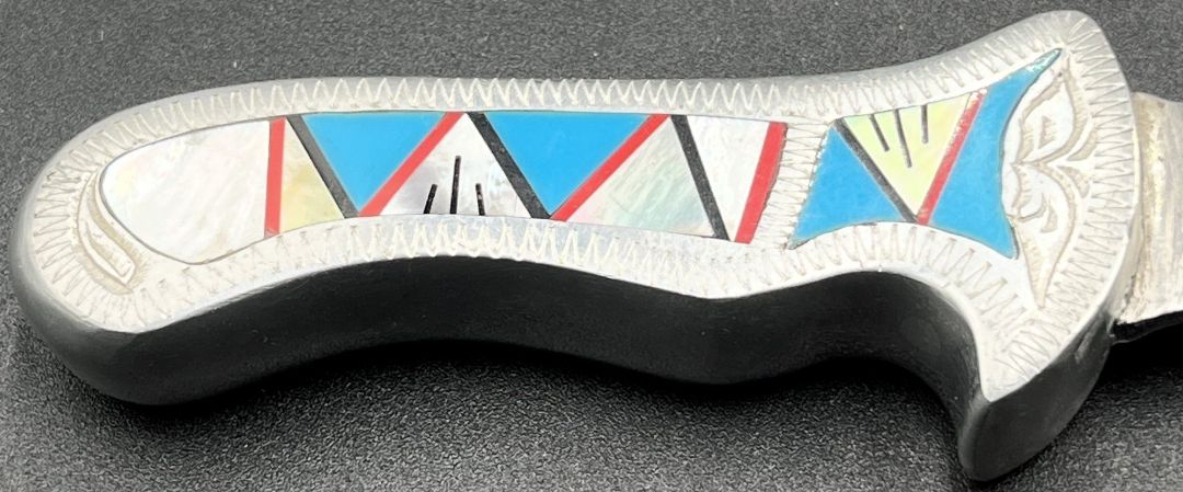 Silver & Turquoise & Mother of Pearl Unk Artisan Made Inlaid Fixed Blade
