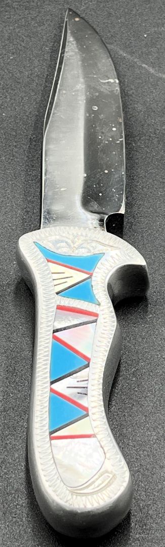Silver & Turquoise & Mother of Pearl Unk Artisan Made Inlaid Fixed Blade