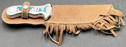 Silver & Turquoise & Mother of Pearl Unk Artisan Made Inlaid Fixed Blade