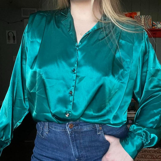 Teal Satin Retro Blouse, M/L
