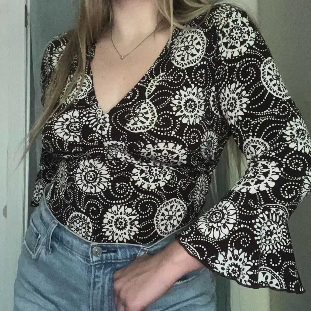 Y2K Brown White Floral Tie-Waist Top, M/L