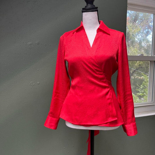 Ann Taylor Red Wrap Blouse, XS/S