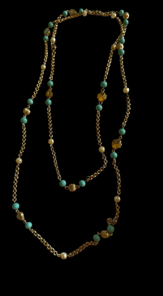 Long Goldtone Turq color heart necklace