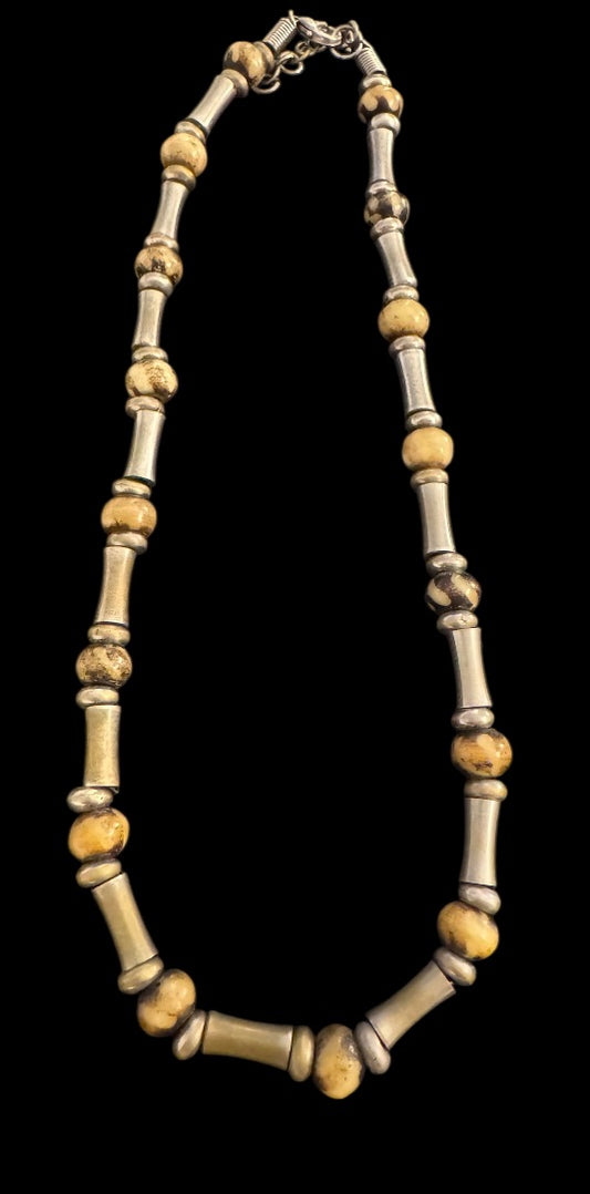 Silvertone tube round bead necklace