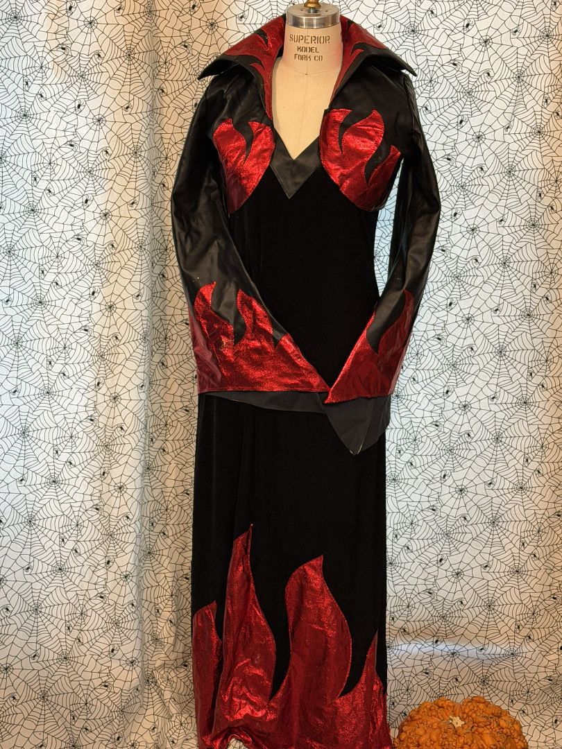Black Dress w/ Red Flames Red Hot Mama Dress w/ Flame Bolero Jacket, Medium