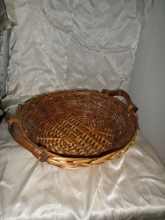 Small Brown Wicker Basket with Wood Handles