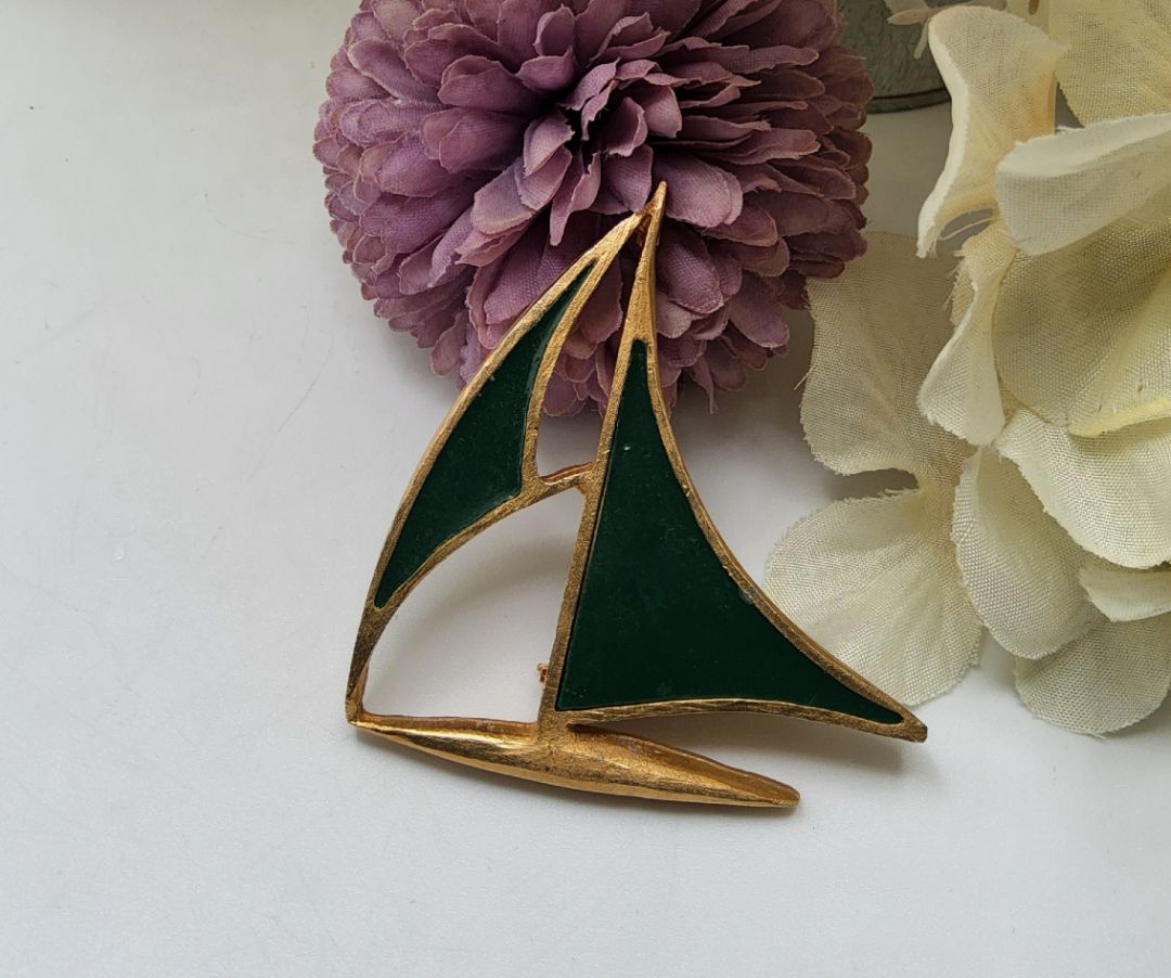 Vintage 70s Sailboat | Brooch | Blue Sails | Resin Enamel | Gold Plated | Stamped Joy | Heavier Pin Vintage