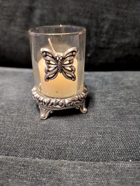 Votive Mini Tealight Candle Paraffin in Glass Metal Butterfly 3" tall