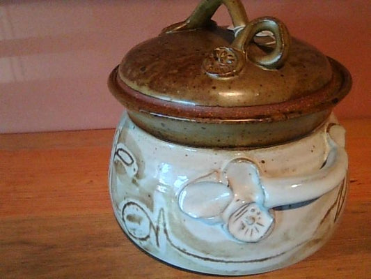 Cream & Olive Vintage Ceramic dutch over, 8" diameter at base