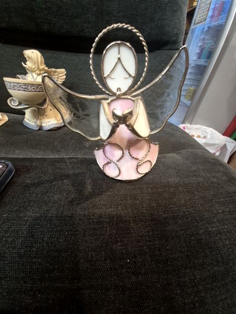 Pink & White Stained Glass Angel Tea Light Holder