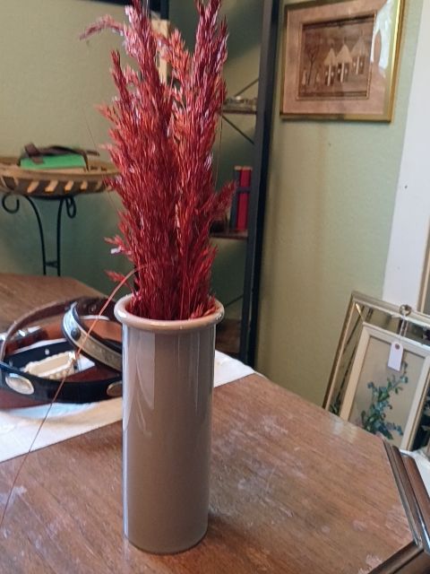 Tan ceramic tube vase 4 x 8, orange stems