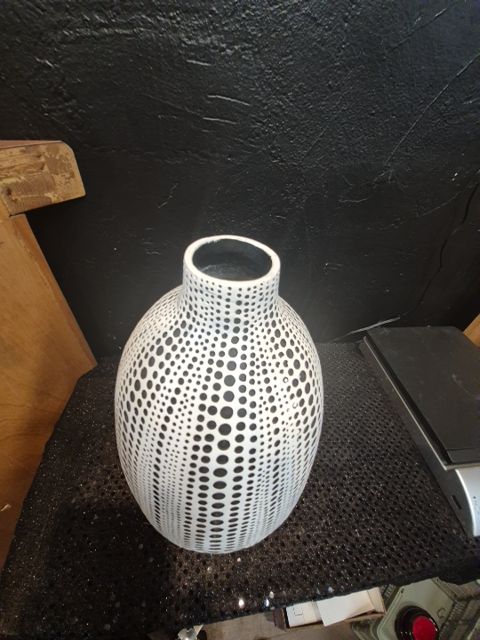 White w/Black Dotted Stripes Resin Vase, 6" x 9"