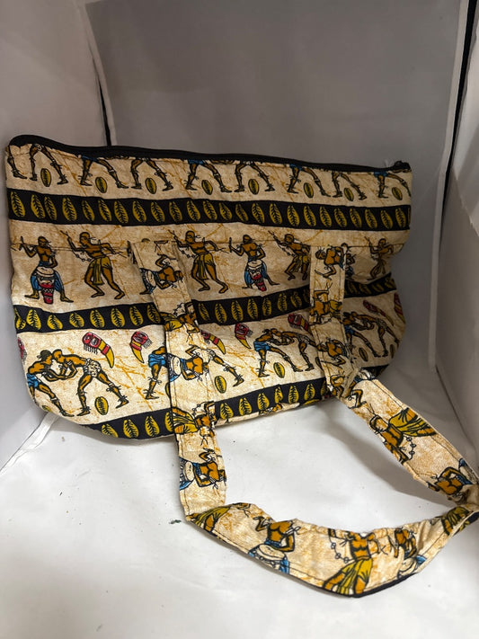 Tan with symbols African made Handbag, Medium