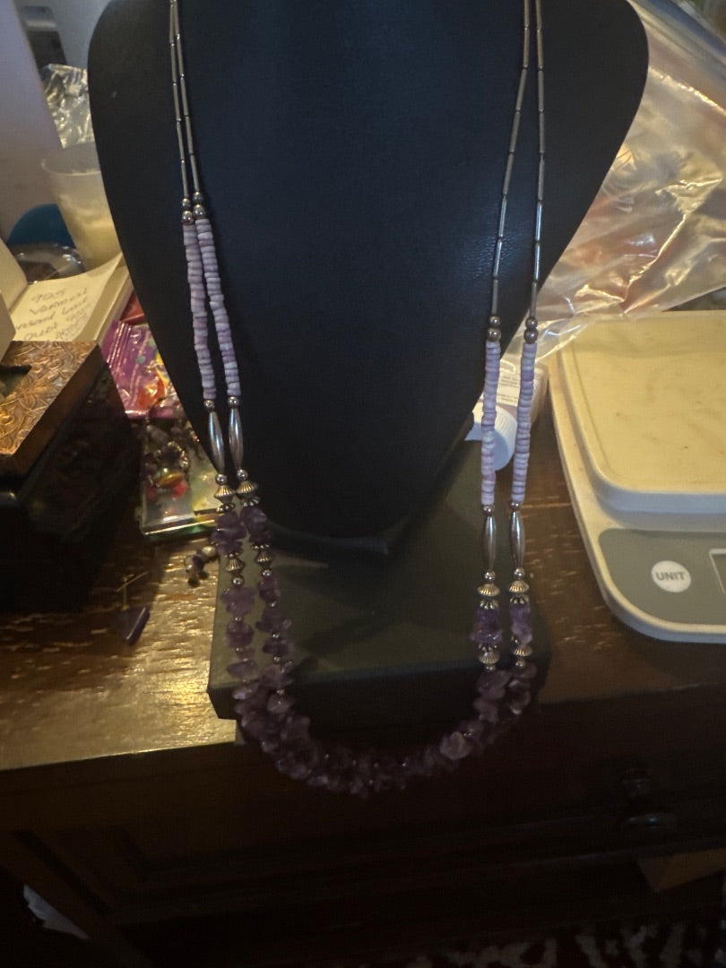 Long amethyst and silver bead necklace