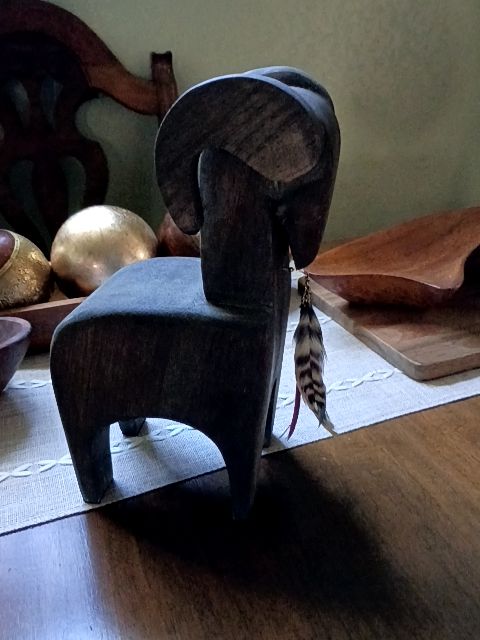 Bohemian carved wood ram/feather display, 7" x 10"
