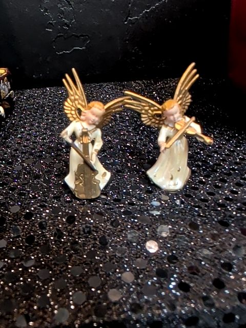 2pc VTG Angel FIGURE Christmas Playing Violin Bass Fiddle Plastic