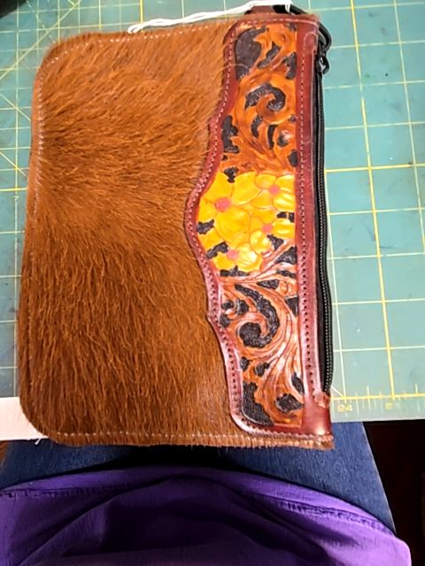 Leather clutch hair on tooled
