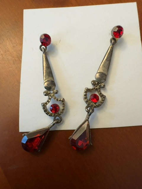 Red drop silver tone earrings