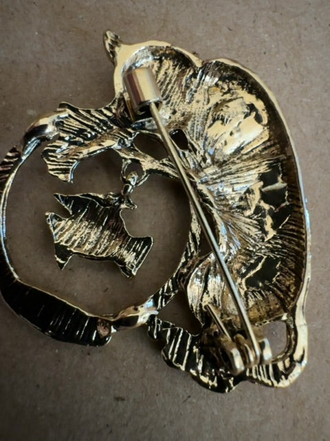 Cat and fishbowl gold tone brooch