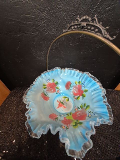 Blue Floral Hand painted Brides Basket, 10"
