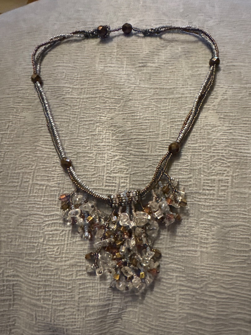 Brown, clear, silver Unknown Quartz and tiger eye bead necklace., 18 inch