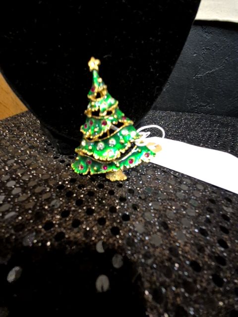 Vintage Green Enamel Christmas Tree Brooch, 2" × 2.5"