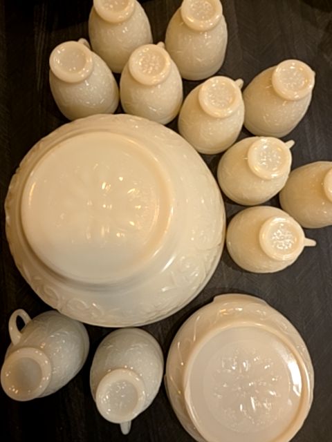 Milk glass punch bowl w/ 11 cups