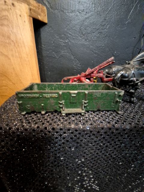 Cast Iron Black, Red, & Green McCormick Deering Horses & Plow, Wagon Set; missing wheels