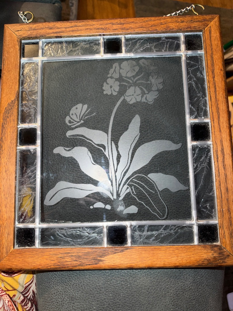Stained Glass Window Hanging Butterfly with Flowers