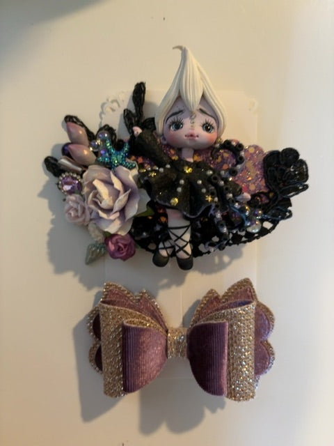Lavender/Black MysticalCreationsByMaira OOAK clay hair clip and bow set