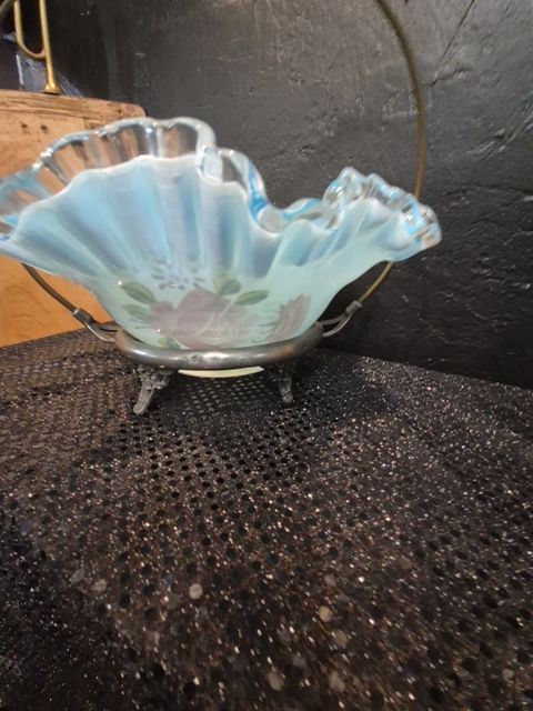 Blue Floral Hand painted Brides Basket, 10"