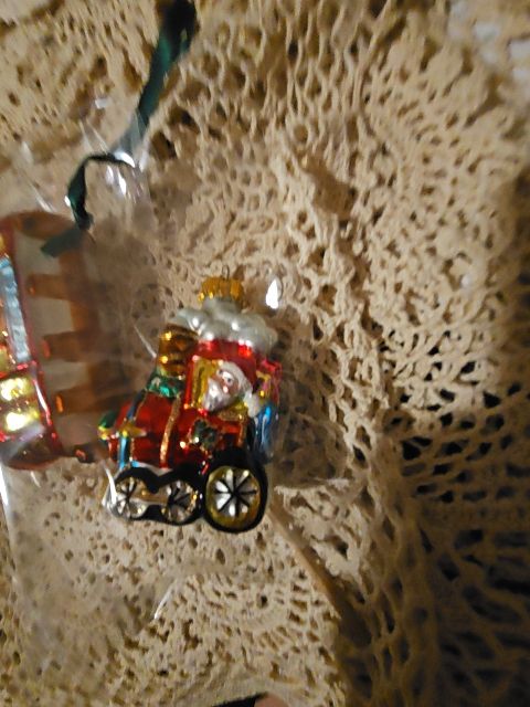 Vintage Blown Glass Christmas Ornaments Pair - Red Toy Train Locomotive & San Francisco Trolley Cable Car Transit Set"