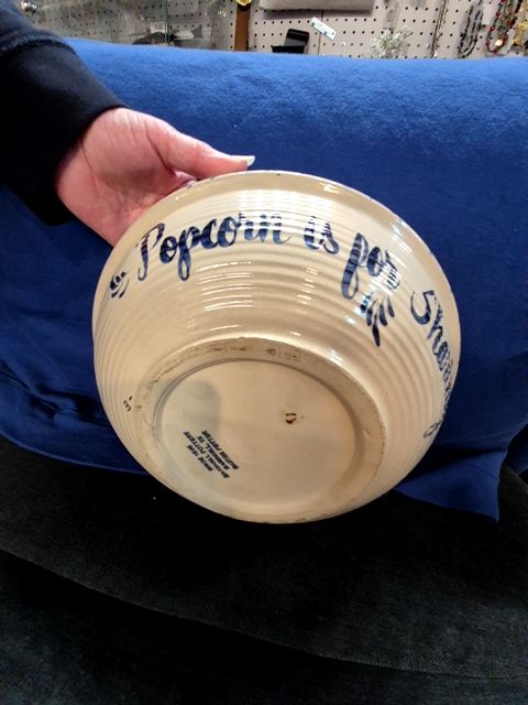 Cream w/Blue Marshall Pottery Popcorn Bowl, 10.5"