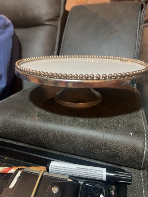 Large white beaded cake stand