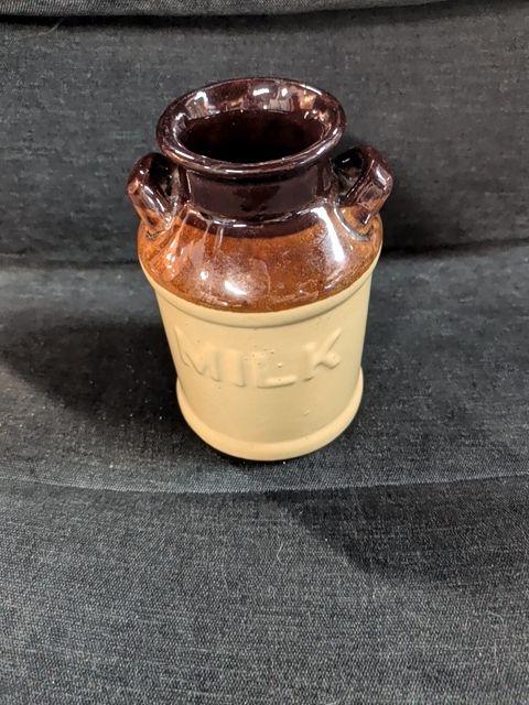 Vtg Stoneware Brown/Tan Milk Crock Jug 7" Tall ~ Milk Can Shape Farmhouse Decor