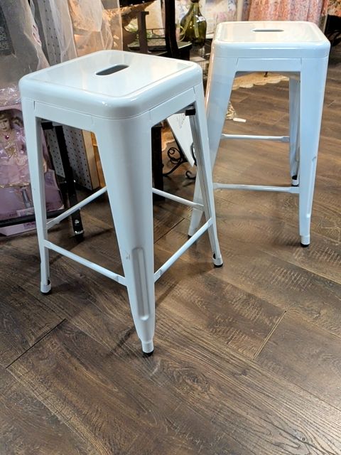 Pair of White Metal Bar Stools