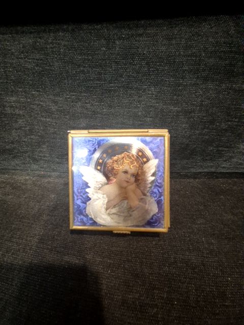Thomas Cathey Metal & Glass Blue Iridescent Vintage Angel Jewelry Box