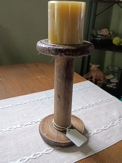 Vintage wood spool 10", 3" green candle