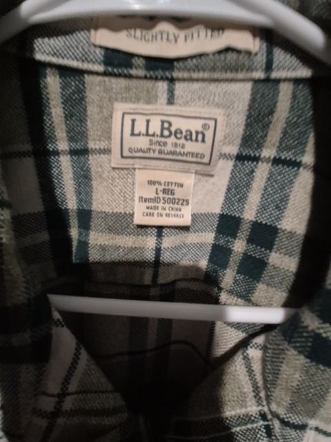 Green Plaid LL Bean 100% Cotton Flannel, L- Reg Slightly Fitted