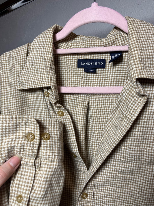 Men’s Land’s End Tan Gingham Button-Up, L