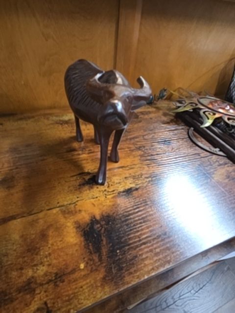 Vintage Hand Carved Wooden Wood Bull Figurine Or Buffalo Sculpture Handmade