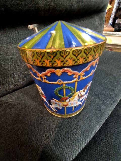 Blue Vintage Tin Carousel Horses Music Box, 4.25" × 6"